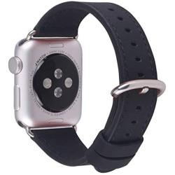 JSGJMY Compatible with Apple Watch Band 38mm 40mm 42mm 44mm Women Men Genuine Leather Strap for iWatch SE Series 6 5 4 3 2 1(Black with Silver Stainless Steel Clasp, 38mm/40mm S/M)