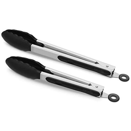 2 Pack Black Kitchen Tongs, Premium Silicone BPA Free Non-Stick Stainless Steel BBQ Cooking Grilling Locking Food Tongs, 9-Inch & 12-Inch