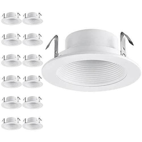 TORCHSTAR 12-Pack 4 Inch Recessed Can Light Trim with White Metal Step Baffle, for 4 Inch Recessed Can, Fit Halo/Juno Remodel Recessed Housing, Line Voltage Available