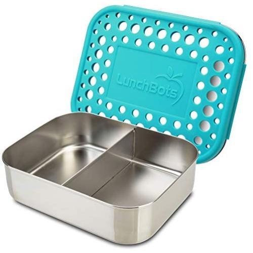 LunchBots Medium Duo Snack Container - Divided Stainless Steel Food Container - Two Sections for Half Sandwich and a Side - Eco-Friendly - Dishwasher Safe - Stainless Lid - Aqua Dots