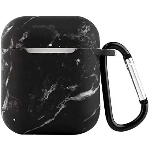 Sufcusny Exquisite Printed Soft Silicone Case Cover Metal Keychain Shockproof Protective Skin Protector Compatible with AirPods 1&2, Black/Marble Pattern