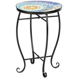 VINGLI Mosaic Accent Table, 14'' Round Side Table,End Table, Plant Stand Decor for Patio Porch Beach Theme Balcony Back Deck Pool Indoor Outdoor Coffee, Metal Cobalt Glass Top Black Iron(Blue Hawaii)