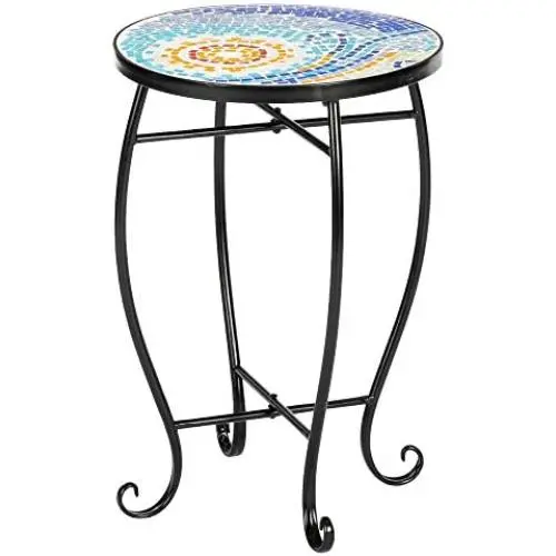 VINGLI Mosaic Accent Table, 14'' Round Side Table,End Table, Plant Stand Decor for Patio Porch Beach Theme Balcony Back Deck Pool Indoor Outdoor Coffee, Metal Cobalt Glass Top Black Iron(Blue Hawaii) VINGLI Mosaic Accent Table, 14'' Round Side Table,End Table, Plant Stand Decor for Patio Porch Beach Theme Balcony Back Deck Pool Indoor Outdoor Coffee, Metal Cobalt Glass Top Black Iron(Blue Hawaii)