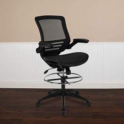 Flash Furniture Mid-Back Transparent Black Mesh Drafting Chair with Black Frame and Flip-Up Arms