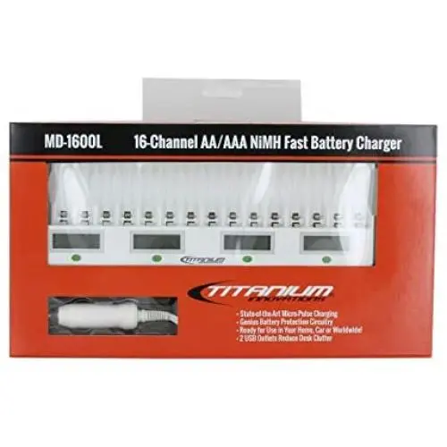 Titanium Innovations 16 Bay Battery Charger/Channel Genius Fast Rechargeable Battery Charger Unit for NiMH AA Batteries/AAA Batteries - MD-1600L - Portable Battery Pack Charger with 2 USB Outlets