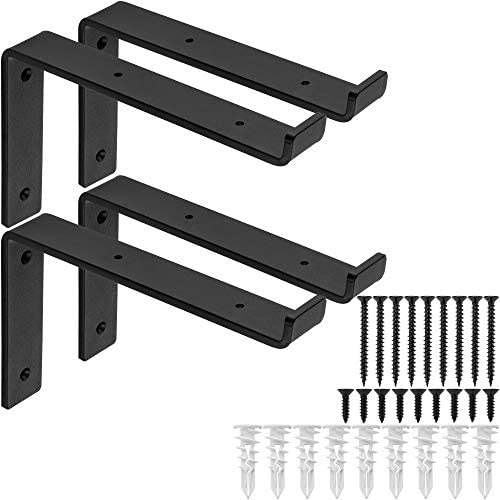 Shelf Brackets - Heavy-Duty & Extra Thick, Rustic Black Iron Finish, Includes Hardware, 4-PK - Multiple Sizes Available (9.25'')