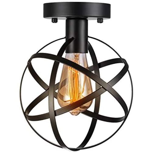 Pynsseu Industrial Retro Style Semi-Flush Mount Ceiling Light, Vintage Metal Spherical Ceiling Lighting Fixture for Kitchen Hallway Porch Bedroom 1 Pack