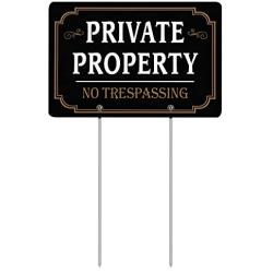 HISVISION Private Property No Trespassing Sign with Metal Stakes, 12'' x 8'' Heavy Duty Aluminum Reflective No Trespassing Sign for Lawn House Yard