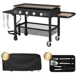 U-MAX 4-Burner Portable Propane Gas Grill 2 in 1 with steel gas griddle flat top & 741sq. Inch BBQ Grill Plate Pan, CSA Approved Outdoor Folding Barbecue Cooking Station for Home, Camping, Party