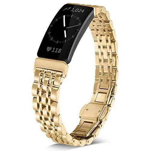 Shangpule Compatible for Fitbit Inspire HR / Inspire 2 / Inspire Bands , Stainless Steel Metal Replacement Wrist Band for Fitbit Inspire Women Man Large Small (Gold)