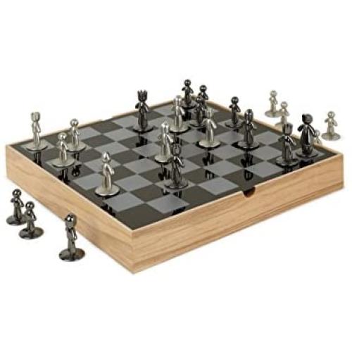 Umbra Buddy Chess Set For Kids & Adults – Modern Original Chessboard Game Made of Metal With Nickel & Titanium Finish – Measures 13 x 13 by 1 ½ Inch (33 x 33 x 3.8 cm) - Velvet Bottom for Easy Moving