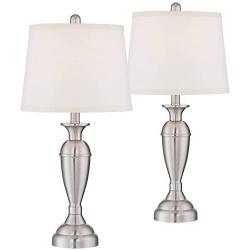 Blair Modern Table Lamps Set of 2 Brushed Steel Metal White Drum Shade for Living Room Family Bedroom Bedside Nightstand - Regency Hill