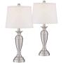Blair Modern Table Lamps Set of 2 Brushed Steel Metal White Drum Shade for Living Room Family Bedroom Bedside Nightstand - Regency Hill