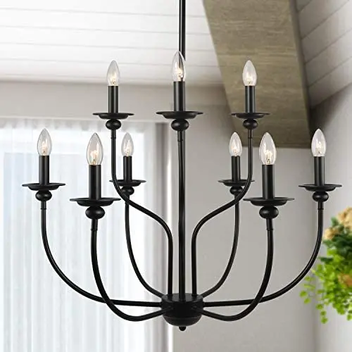 LALUZ Black Chandelier, Farmhouse Light Fixture, 2-Tier 9-Candle French Country Chandelier for Living Room, Foyer, Bedroom