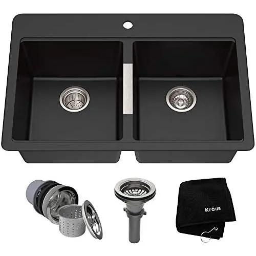 Kraus Quarza Kitchen Sink, 33-Inch Equal Bowls, Black Onyx Granite, KGD-433B model Kraus Quarza Kitchen Sink, 33-Inch Equal Bowls, Black Onyx Granite, KGD-433B model