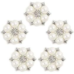 FEIYI 24 Pieces 26 mm Flatback Pearl Rhinestone DIY Embellishments for Wedding Decoration, Flower Center, Gift Card Decor (Silver)