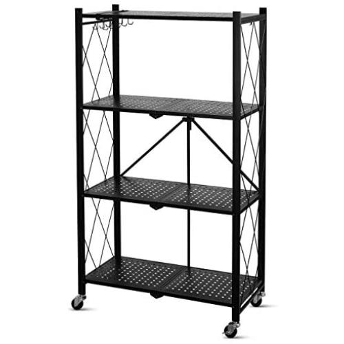 Foldable Shelving Unit Storage Rack on Wheels Large Capacity, Heavy Duty Steel 4-Shelf Organizer with Hooks, Black