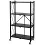 Foldable Shelving Unit Storage Rack on Wheels Large Capacity, Heavy Duty Steel 4-Shelf Organizer with Hooks, Black