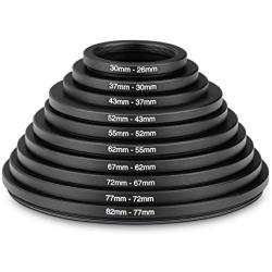 Neewer 10 Pieces Anodized Black Metal Step-down Adapter Ring Set Including 82-77mm, 77-72mm, 72-67mm, 67-62mm, 62-55mm, 55-52mm, 52-43mm, 43-37mm, 37-30mm, 30-26mm