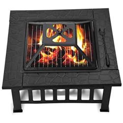 32 Outdoor Fire Pit Metal Square Firepit Patio Stove Wood Burning BBQ Grill Fire Pit Bowl with Spark Screen Cover, Log Grate, Poker for Backyard Garden Camping Picnic