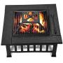 32 Outdoor Fire Pit Metal Square Firepit Patio Stove Wood Burning BBQ Grill Fire Pit Bowl with Spark Screen Cover, Log Grate, Poker for Backyard Garden Camping Picnic