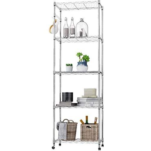 BATHWA 5-Shelf Wire Shelving Units, Sturdy Metal Shelf Chrome Organizer Wire Rack with 360° Wheels, Adjustable Utility Storage Shelves for Garage, Kitchen, Living Room, Bathroom, 23.2L x 13.8W x 72H