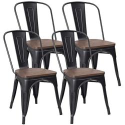 JUMMICO Metal Dining Chair Stackable Industrial Vintage Kitchen Chairs Indoor-Outdoor Bistro Cafe Side Chairs with Back and Wooden Seat Set of 4 (Black)