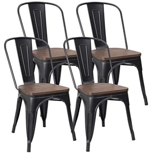 JUMMICO Metal Dining Chair Stackable Industrial Vintage Kitchen Chairs Indoor-Outdoor Bistro Cafe Side Chairs with Back and Wooden Seat Set of 4 (Black)