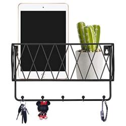 OROPY Entryway Mail Holder with Key Hooks, 10.8'' L×3.1'' W×6.1'' H, Wall Mounted Matte Black Metal Wire Mesh Storage Basket with 5 Hooks, Easy to Organize Letters, Magazines, Keys, Leashes for Entryway