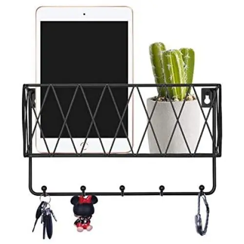 OROPY Entryway Mail Holder with Key Hooks, 10.8'' L×3.1'' W×6.1'' H, Wall Mounted Matte Black Metal Wire Mesh Storage Basket with 5 Hooks, Easy to Organize Letters, Magazines, Keys, Leashes for Entryway OROPY Entryway Mail Holder with Key Hooks, 10.8'' L×3.1'' W×6.1'' H, Wall Mounted Matte Black Metal Wire Mesh Storage Basket with 5 Hooks, Easy to Organize Letters, Magazines, Keys, Leashes for Entryway