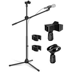 InnoGear Microphone Stand, Foldable Tripod Boom Stand Adjustable Height Heavy Duty Mic Boom Stand with Dual Mic Clip Holders and Metal Base for Singing, Speech, Stage, Outdoor Activities