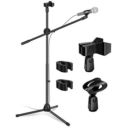 InnoGear Microphone Stand, Foldable Tripod Boom Stand Adjustable Height Heavy Duty Mic Boom Stand with Dual Mic Clip Holders and Metal Base for Singing, Speech, Stage, Outdoor Activities
