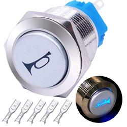 mxuteuk 16mm High Round Cap Horn Button Switch Car Motorcycle Boat Speaker Momentary Push Button Switch Metal Toggle Switch On/Off with Cold Pressed Terminal Connector, 12v Blue LED Light G16LB-BU-5DZ