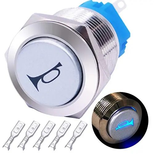 mxuteuk 16mm High Round Cap Horn Button Switch Car Motorcycle Boat Speaker Momentary Push Button Switch Metal Toggle Switch On/Off with Cold Pressed Terminal Connector, 12v Blue LED Light G16LB-BU-5DZ