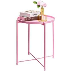 CERBIOR Tray End Table, Round Metal Tray Table Side Sofa Table Anti-Rust and Waterproof Outdoor & Indoor Snack Table Accent Coffee Table Bright Pink