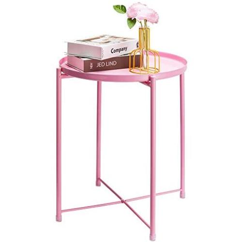 CERBIOR Tray End Table, Round Metal Tray Table Side Sofa Table Anti-Rust and Waterproof Outdoor & Indoor Snack Table Accent Coffee Table Bright Pink