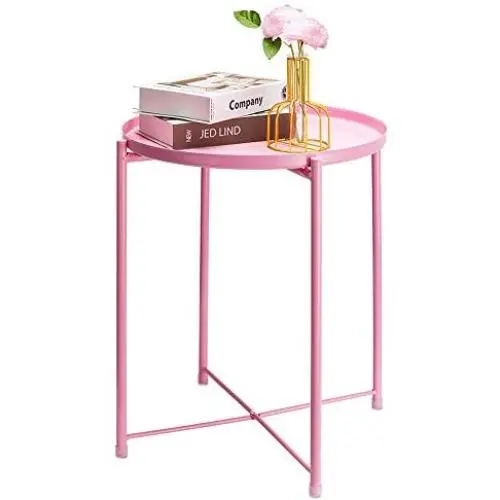 CERBIOR Tray End Table, Round Metal Tray Table Side Sofa Table Anti-Rust and Waterproof Outdoor & Indoor Snack Table Accent Coffee Table Bright Pink