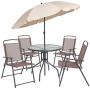 Flash Furniture Nantucket 6 Piece Brown Patio Garden Set with Table, Tan Umbrella and 4 Folding Chairs