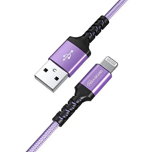 Tera Grand - Apple C89 MFi Certified Lightning to USB Braided Cable for iPhone 12/11 Pro Max Mini, SE XS Max XR X, 8/7/6 Plus, iPad, AirPods, 4 Ft Purple Tera Grand - Apple C89 MFi Certified Lightning to USB Braided Cable for iPhone 12/11 Pro Max Mini, SE XS Max XR X, 8/7/6 Plus, iPad, AirPods, 4 Ft Purple