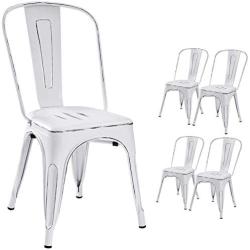 Devoko Metal Indoor-Outdoor Chairs Distressed Style Kitchen Dining Chairs Stackable Side Chairs with Back Set of 4 (White)