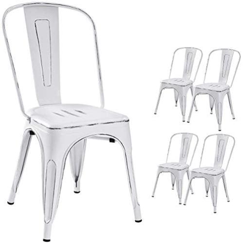 Devoko Metal Indoor-Outdoor Chairs Distressed Style Kitchen Dining Chairs Stackable Side Chairs with Back Set of 4 (White)