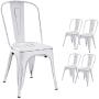 Devoko Metal Indoor-Outdoor Chairs Distressed Style Kitchen Dining Chairs Stackable Side Chairs with Back Set of 4 (White)