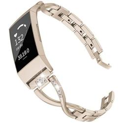 Wearlizer Compatible with Fitbit Charge 3 / Charge 4 Bands for Women Metal Replacement Charge 3 hr Band Strap with Bling Rhinestone Bracelet Bangle for Fitbit Charge 4 Special Edition - Champagne Gold