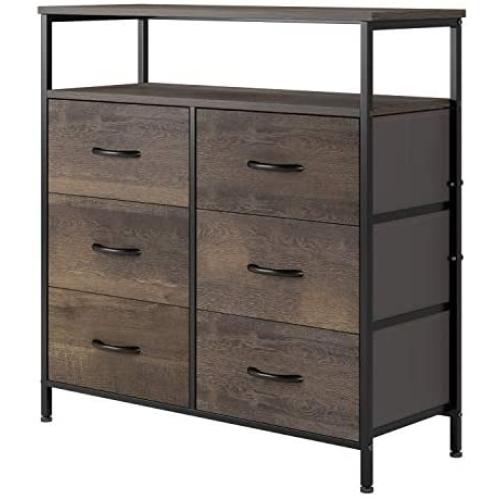 HOMECHO Fabric Dresser Chest with 6 Drawers, Wide Chest of Drawers with 2 Tier Wood Shelves, Sturdy Metal Frame, Tall Nightstand Functional Organizer Unit for Closets, Bedroom, Hallway, Dark Brown