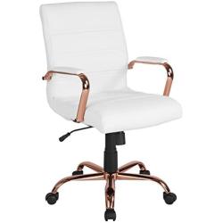 Flash Furniture Mid-Back White LeatherSoft Executive Swivel Office Chair with Rose Gold Frame and Arms