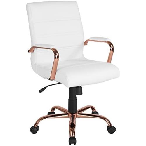 Flash Furniture Mid-Back White LeatherSoft Executive Swivel Office Chair with Rose Gold Frame and Arms