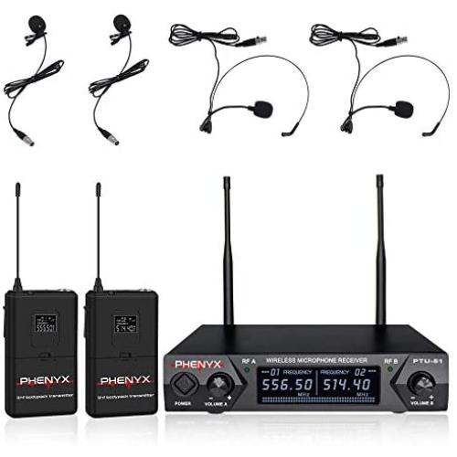 Metal Wireless Receiver, Phenyx Pro UHF Wireless Microphone System With 2 Bodypacks, 2 Lapels and 2 Headsets, Fixed Frequency, 16 Hrs Long Battery Life, Ideal for Church, Outdoor Events (PTU-51D) Metal Wireless Receiver, Phenyx Pro UHF Wireless Microphone System With 2 Bodypacks, 2 Lapels and 2 Headsets, Fixed Frequency, 16 Hrs Long Battery Life, Ideal for Church, Outdoor Events (PTU-51D)