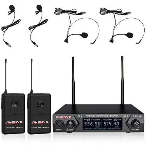 Metal Wireless Receiver, Phenyx Pro UHF Wireless Microphone System With 2 Bodypacks, 2 Lapels and 2 Headsets, Fixed Frequency, 16 Hrs Long Battery Life, Ideal for Church, Outdoor Events (PTU-51D)