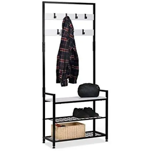HOMEKOKO Entryway Hall Tree Storage Shelf, Coat Rack Shoe Bench, Wood Look Accent Furniture with Metal Frame, 3 in 1 Design HOMEKOKO Entryway Hall Tree Storage Shelf, Coat Rack Shoe Bench, Wood Look Accent Furniture with Metal Frame, 3 in 1 Design