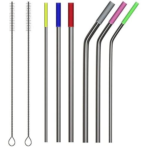Extra Long Stainless Steel Metal Straws - Fits Yeti, RTIC, SIC, Ozark Trail Tumblers, Set of 6 (6mm, 8mm, 10mm wide) with 6 Soft Silicon Tips & 2 Free Cleaning Brushes (Silver)